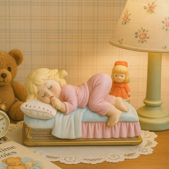 Little Girl Sleeping Music Box Love Story Vintage Retro Bedroom Nursery Decor - Picture 1 of 15